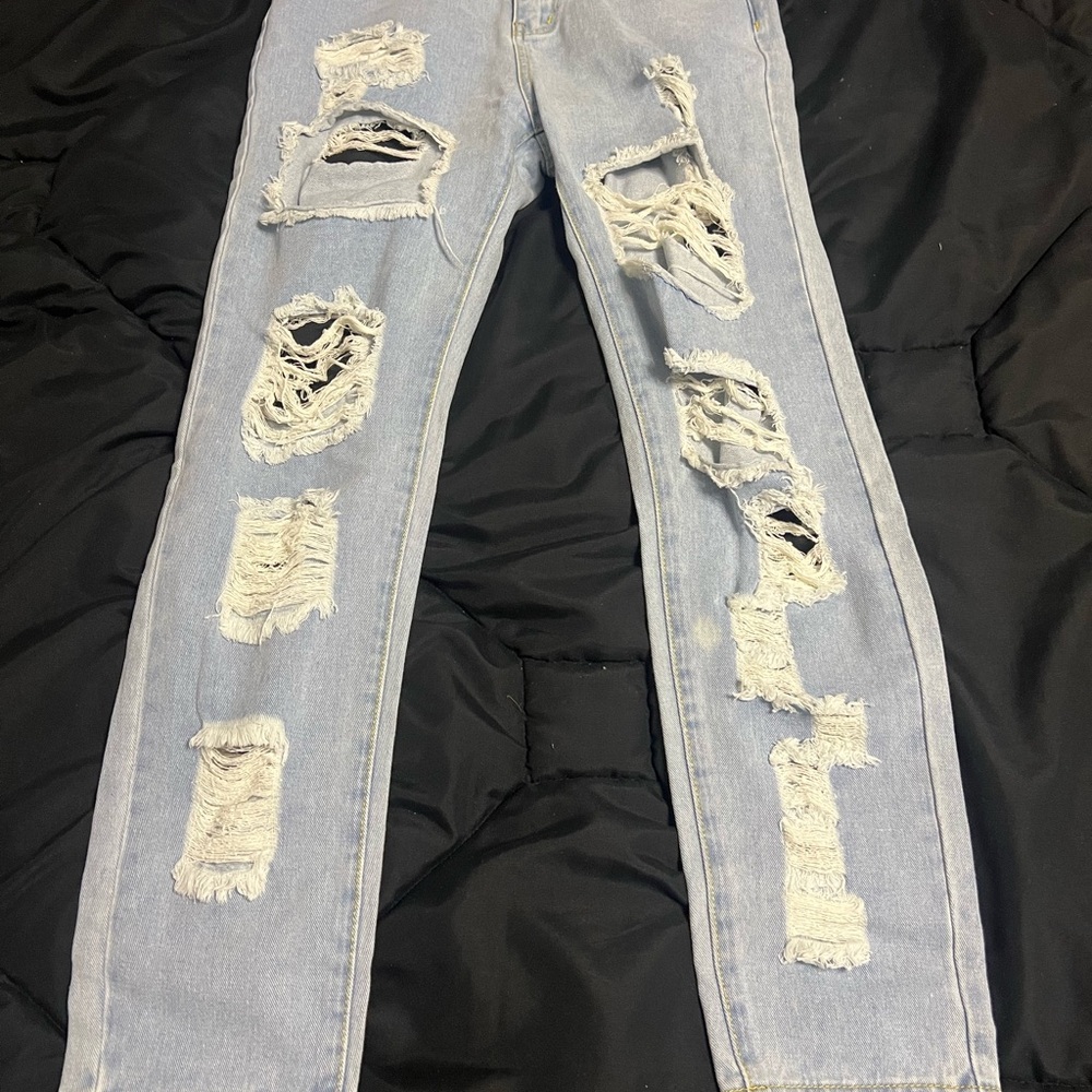 Rainbow Light Blue Distressed Straight Leg Jeans